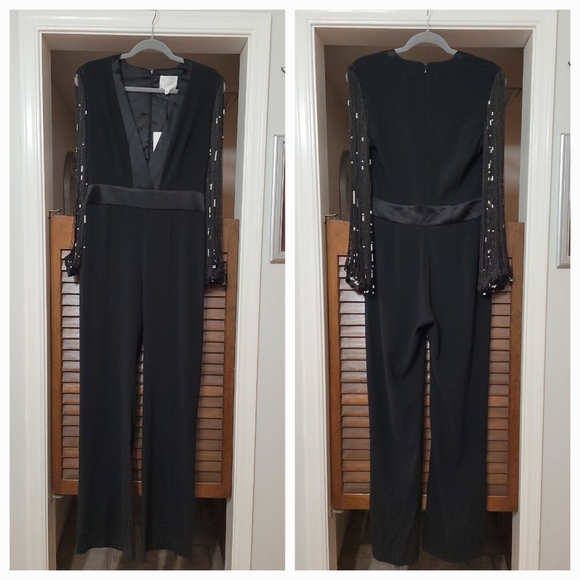Galvan London Womens Infinity Embellished Mixed Media Black Jumpsuit - Picture 8 of 16